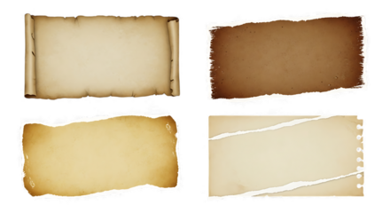 Set of four vintage aged paper textures isolated on transparent background