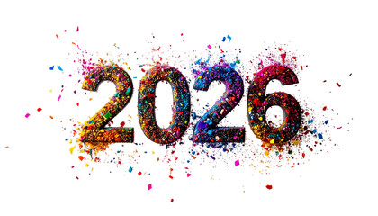 Colorful, explosive 3D text spells out the year 2026 on a black backdrop