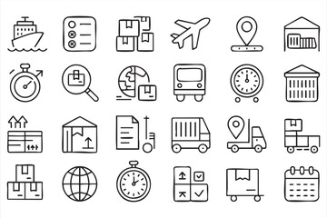 Fototapeta premium Delivery and Transport Outline Icons for Supply Chain Apps