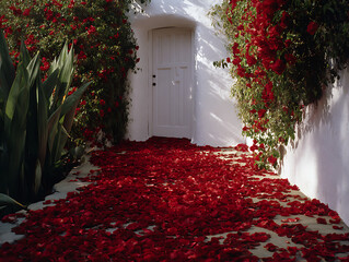 Pathway covered in red rose petals leading to a white door