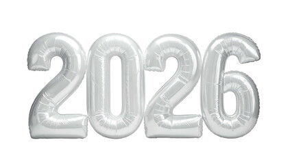 2026 silver balloon numerals floating on a stark black background