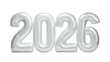 2026 silver balloon numerals floating on a stark black background