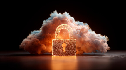 A backlit padlock with a cloud in the background. Cloud data security concept