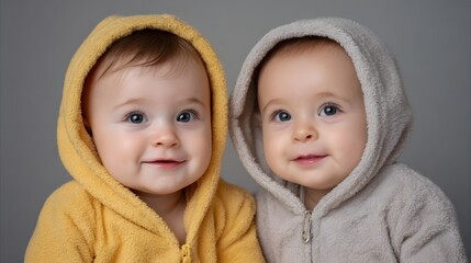 Two adorable babies wearing cozy hooded jackets smile happily together in a studio portrait