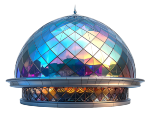 Iridescent glass dome reflects cityscape. Detailed, architectural structure