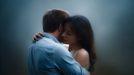 A young couple shares a tender intimate embrace in a soft misty atmosphere conveying deep connection and affection