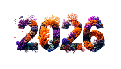 Colorful coral formation shapes the year "2026" against black