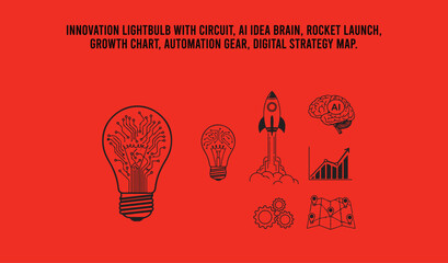 Innovation lightbulb with circuit, AI idea brain, rocket launch, growth chart, automation gear, digital strategy map.