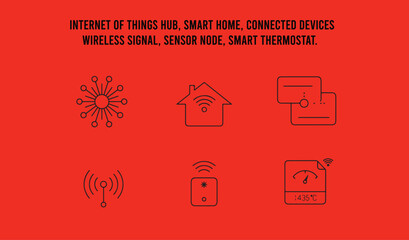 Internet of Things hub, smart home, connected devices, wireless signal, sensor node, smart thermostat