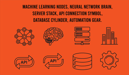 Machine learning nodes, neural network brain, server stack, API connection symbol, database cylinder, automation gear