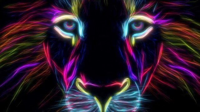 Streaming neon lion portrait in vibrant light trails