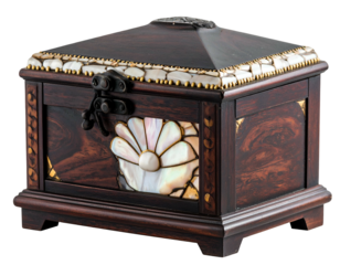 Intricate wooden box with inlaid mother-of-pearl floral design