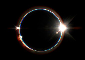 Obraz premium Illuminated ring with rainbow edges, a bright light source, and lens flares against black