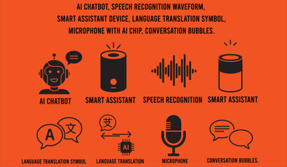 AI chatbot, speech recognition waveform, smart assistant device, language translation symbol, microphone with AI chip, conversation bubbles.