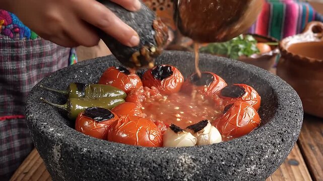 Preparing Traditional Mexican Salsa in Molcajete.