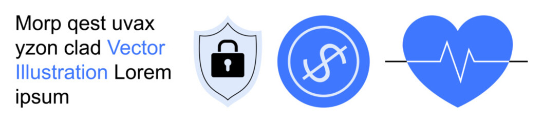 Cybersecurity, financial management, healthcare, data protection, technology, wellness. A lock on a shield, a dollar sign and a heart with a heartbeat line. Cybersecurity and financial management