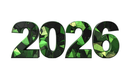 Digitally rendered ?2026? with gem-like green and black textures