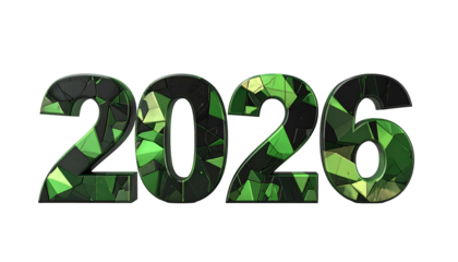 Digitally rendered ?2026? with gem-like green and black textures
