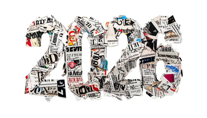 2020" year made from layered newspaper clippings with headlines