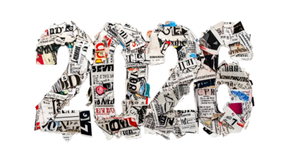 2020" year made from layered newspaper clippings with headlines