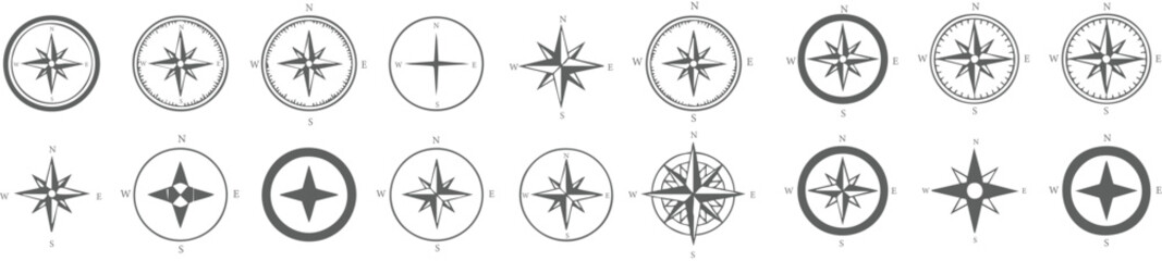 Compass icon set collection with wind rose navigation symbols for travel, maritime, exploration and direction design © Miftahul Nehar