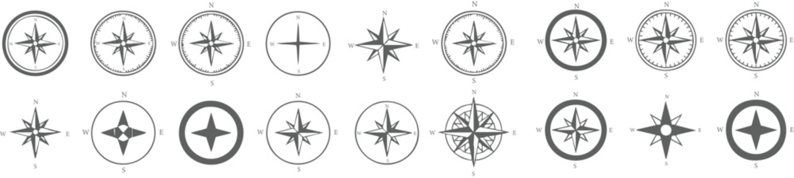 Compass icon set collection with wind rose navigation symbols for travel, maritime, exploration and direction design