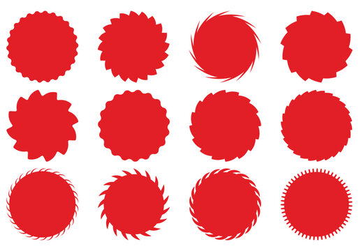 red stamp shape circular geometric texture shape set isolated on png, Red seal stamp circle sticker set, abstract red solid textured circle badges geometric vector design set