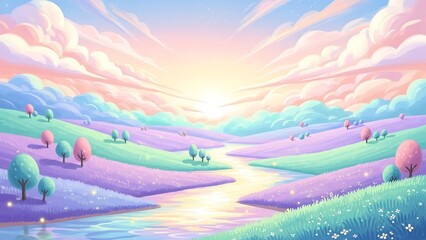 Fantasy landscape with rolling hills sunset.