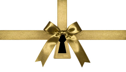 Fototapeta premium Golden ribbon with bow, keyhole cutout, intersecting on black background