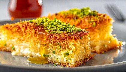 kunafa dessert with green pistachios and sweet syrup a traditional middle eastern pastry on a plate perfect for culinary blog features.