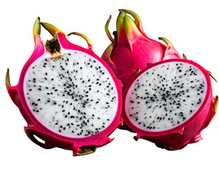 Vibrant dragon fruit, cut to reveal seeds, against a stark black background