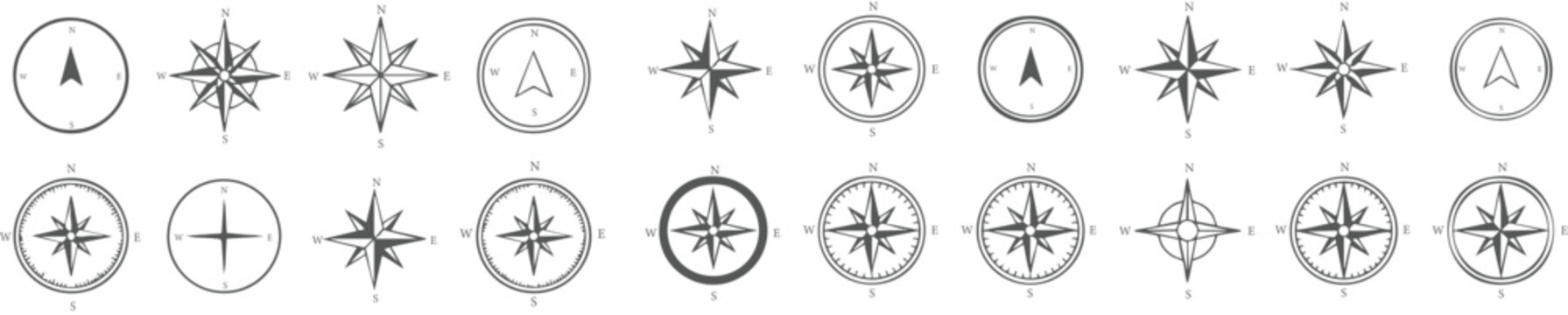 Set of Minimal compass icon collection with wind rose navigation symbols for travel, maritime, exploration and direction design.