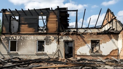 Burnt out building with exposed charred wooden beams and debris scattered below house fire damage destruction