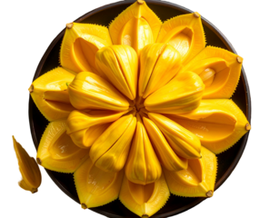 Sections of bright yellow fruit arranged like a flower on a dark plate