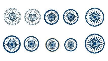 Set of blue and white circular design elements with radial patterns on white background for graphic design