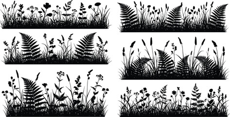 Set of meadow grass borders, wild flower and fern silhouettes, summer field nature collection, black vegetation horizontal banners, cad drawing flat vector illustration. © MDMOHOBBAT
