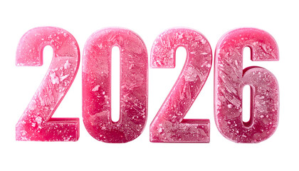 Pink, icy, textured "2026" digits with white accents set on black