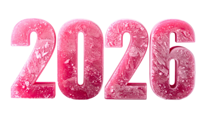 Pink, icy, textured "2026" digits with white accents set on black
