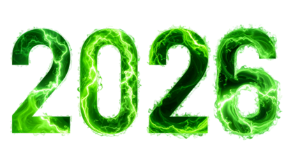 Digit "2026" rendered in green electric energy, against black