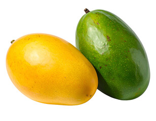 Two vibrant mangoes, one golden, one green, against a clean black background