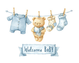 Baby clothes and teddy bear hanging on a line with welcome baby banner isolated on a transparent background