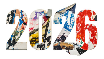 Textured "2026" numbers formed from torn paper