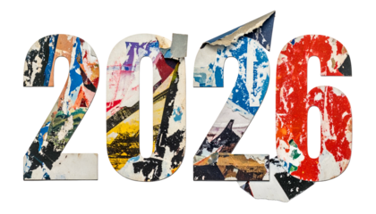 Textured "2026" numbers formed from torn paper
