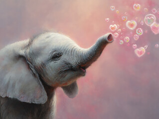 Baby elephant blowing heart-shaped bubbles