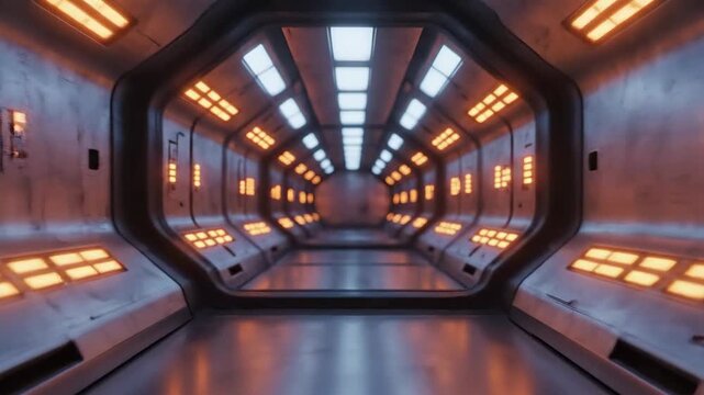 Futuristic neon lit spaceship corridor perspective.