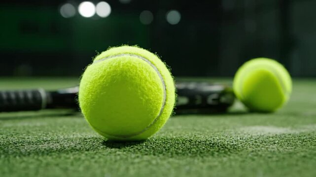 Two vibrant tennis balls and a racket on a green court, Close-up with soft, diffused lighting, Sports advertising
