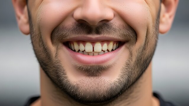 Close up of a man with a wide smile showing teeth and stubble beard male smiling
