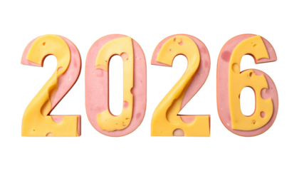 2026 constructed from cheese and ham against a black background