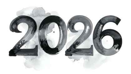 Digitally painted, grayscale numerals 2026, over a light watercolor wash