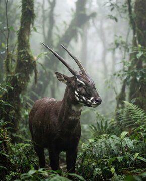 Saola adulte se tenant debout dans une for&ecirc;t dense